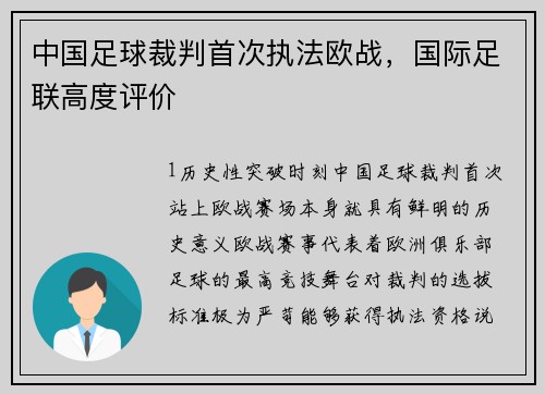 中国足球裁判首次执法欧战，国际足联高度评价